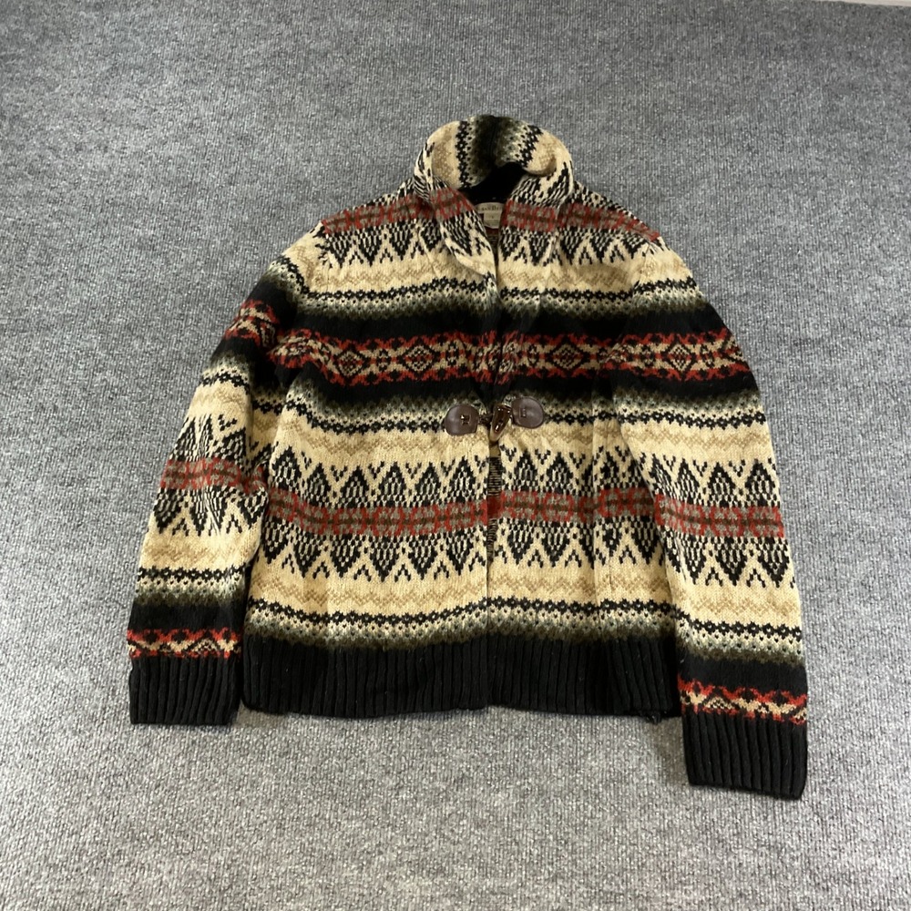 Susan Bristol Mens Wool Fair Isle Toggle Cardigan Sweater Shawl Collar L Black